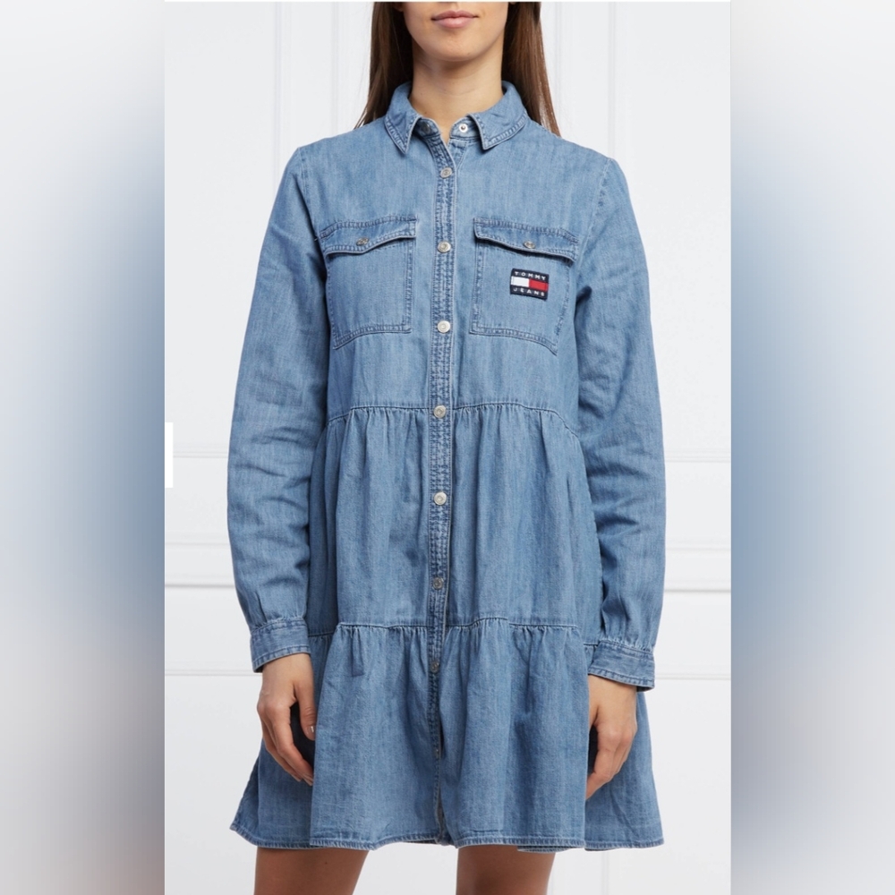 Tommy Jeans ChambrayTiered Blue Denim Shirt Dress